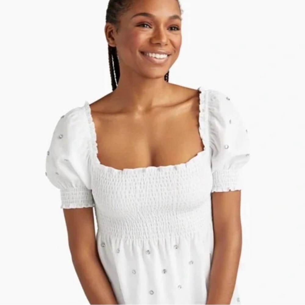 Hill House White Square Neck Puff Sleeve Embellished Top. Size Medium - Picture 11 of 11